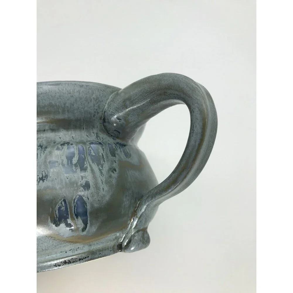 Art Pottery Large Creamer Blue Glaze Signed Dated Handle Ceramic Stoneware Gravy